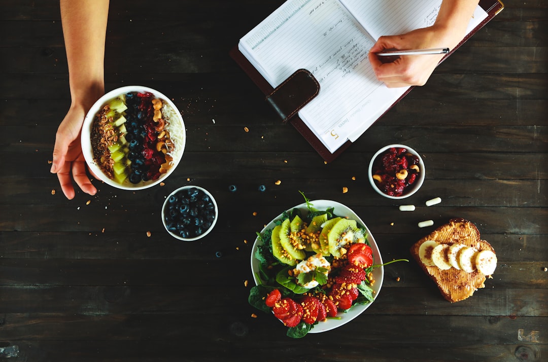 healthy food and notebook flat lay